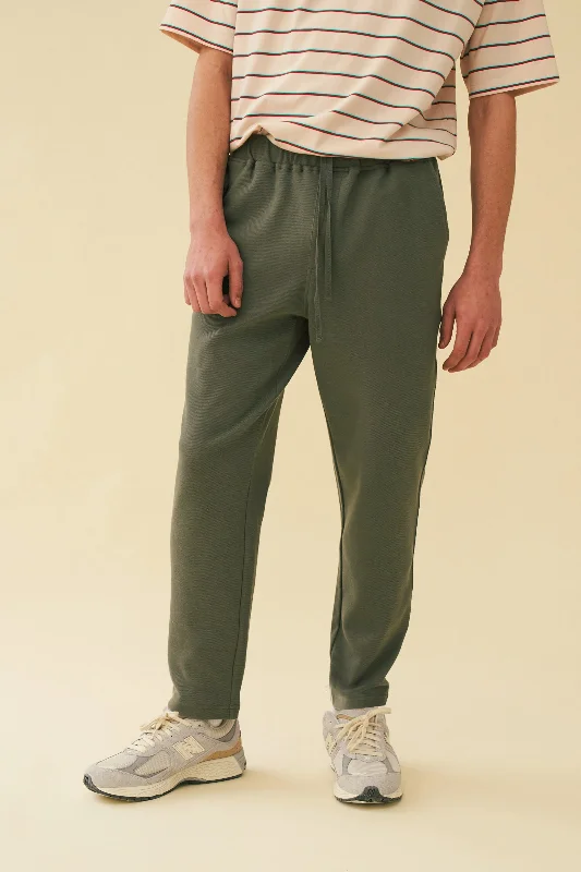 Mid-waist pants-OLIVE TEXTURED COTTON TROUSERS