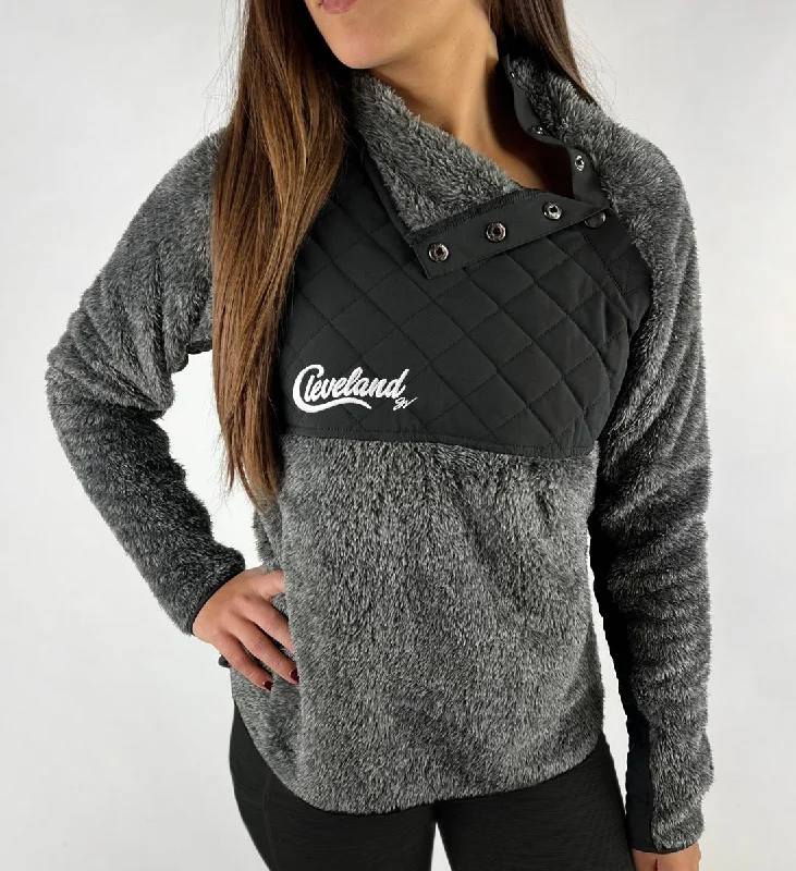 holiday T-shirt-Womens Fuzzy Cleveland Script Pullover Fleece