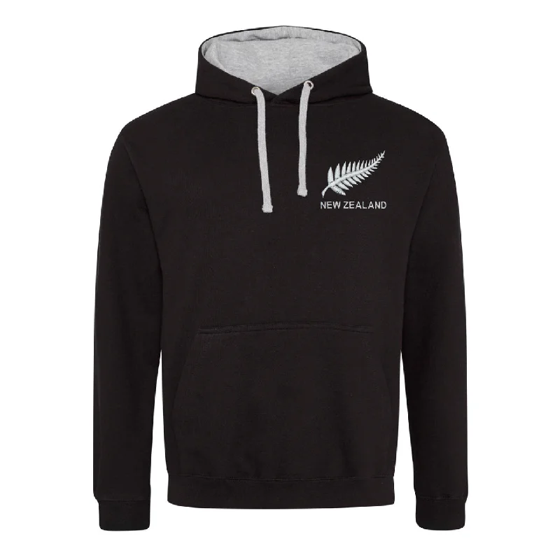 Lightweight hoodie-Adult New Zealand Retro Style Rugby Hoodie With Embroidered Crest - Jet Black Heather Grey