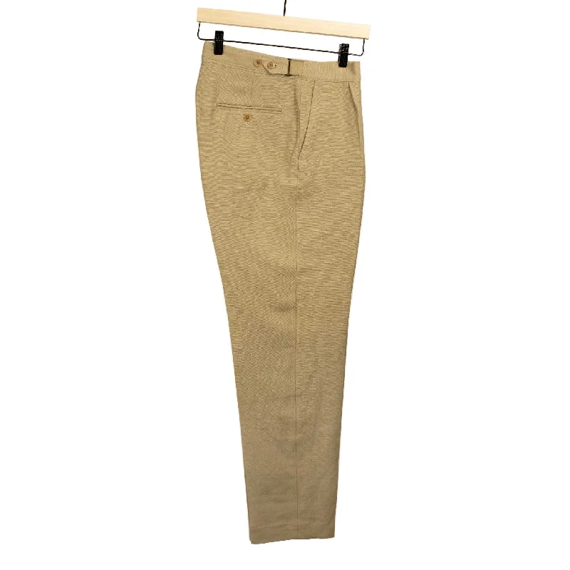 Wide-cut pants-Side tab pleated trousers in camel color soft wool and linen oxford