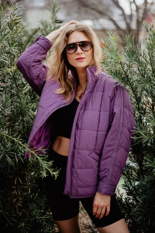 Waterproof jacket-Purple Lightweight Quilted Squares Zipper Jacket