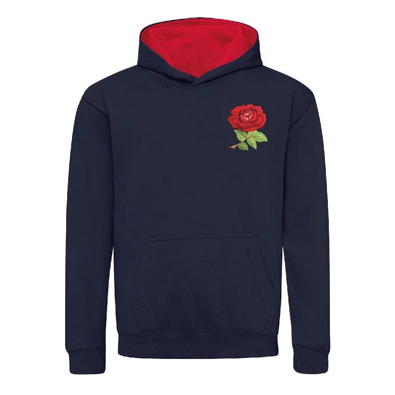 Cold resistant hoodie-Kids England Retro Style Rugby Hoodie With Embroidered Crest - Navy Blue Fire Red