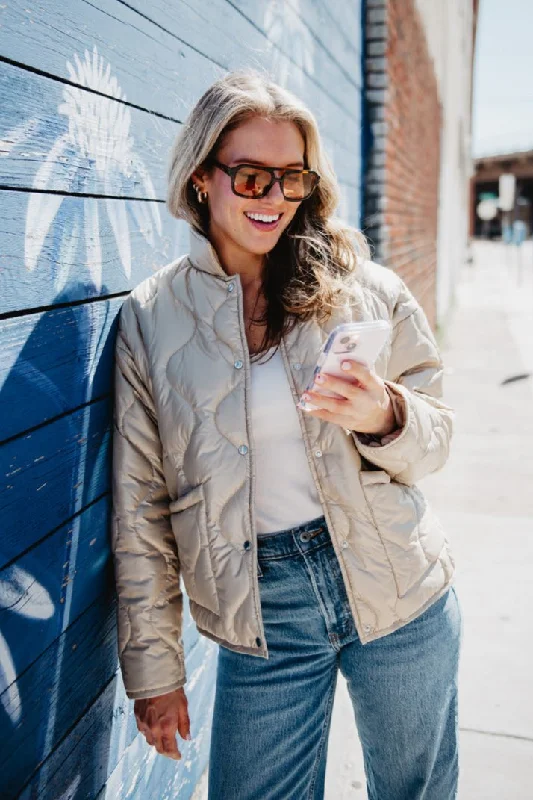 Knit jacket-Soft Tan Button Up Quilted Puffer Jacket