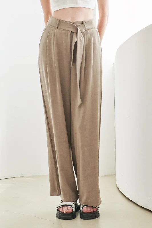 Trendy sports pants-Tammy Belted Pintuck Pants