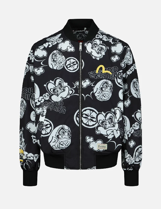 Overcoat jacket-Graffiti Daruma Allover Print Bomber Jacket