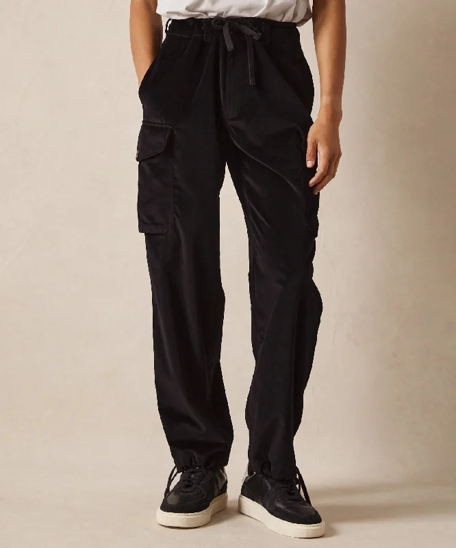 Long pants-Italian Velvet Relaxed Cargo Pant in Black