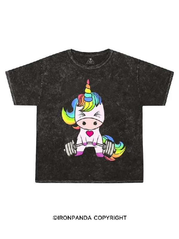 holiday graphic T-shirt-Unicorn Weightlifting Kids Washed T-Shirt