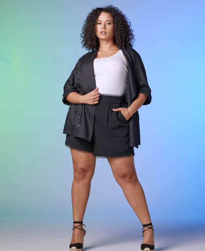 Single-breasted jacket-Plus Size Linen Drape Front Jacket