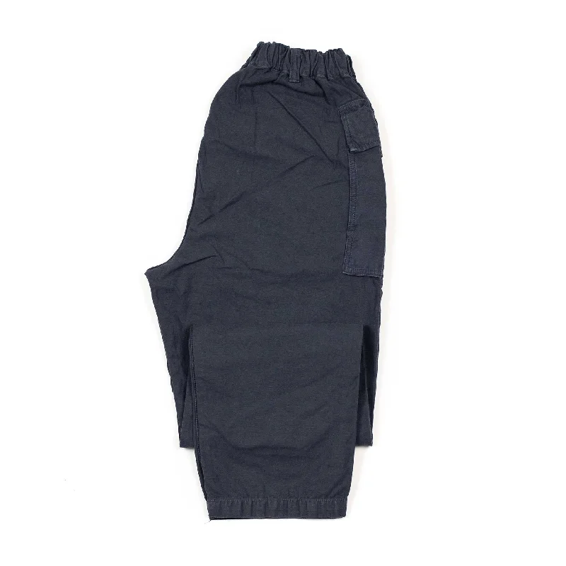 Outdoor pants-Military easy pants in navy blue cotton and linen reverse sateen