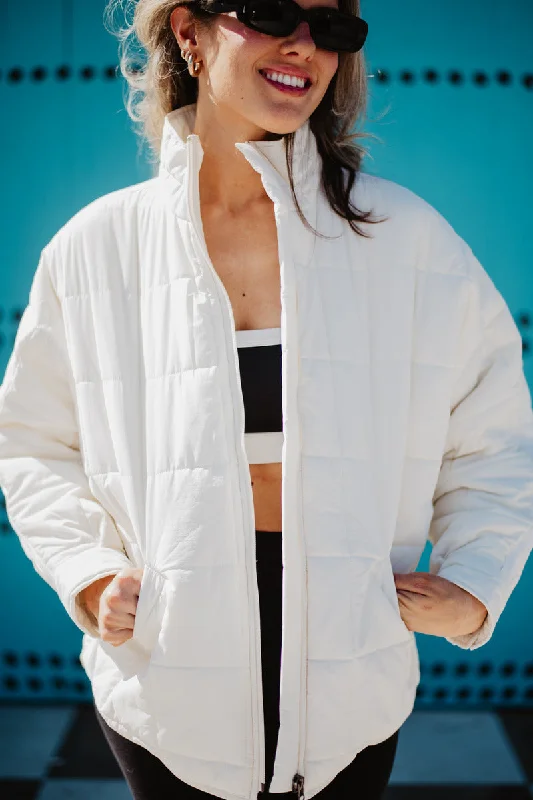 Fashion jacket-White Lightweight Quilted Squares Zipper Jacket