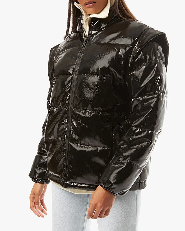 Fall winter jacket-Snap Off Sleeve Shiny Faux Leather Puffer Jacket