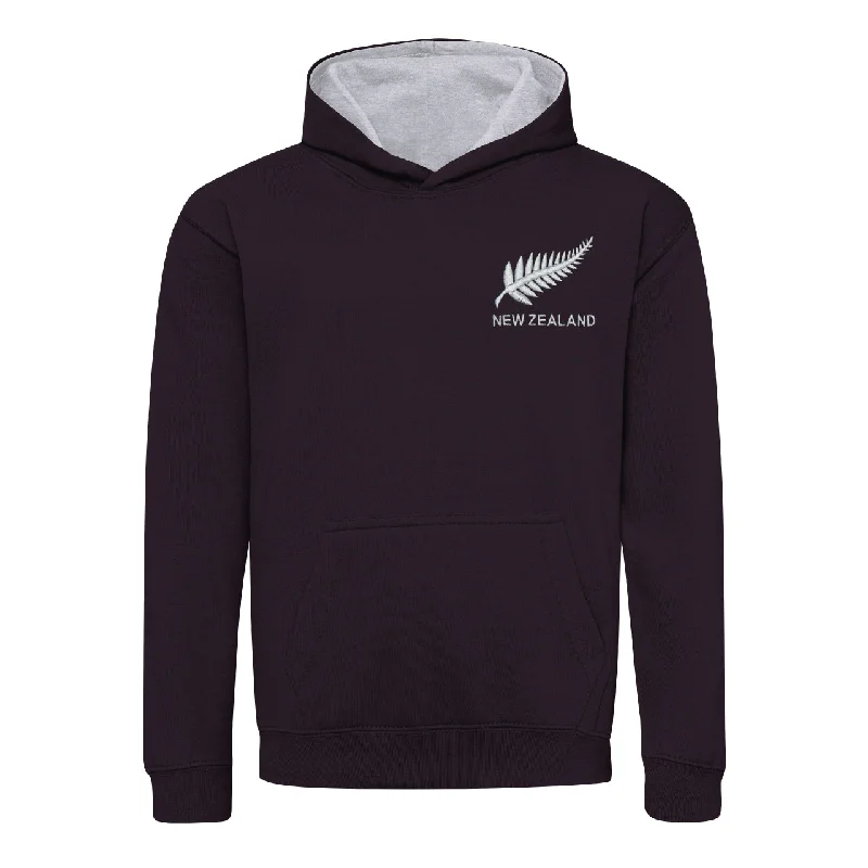 University hoodie-Kids New Zealand Retro Style Rugby Hoodie With Embroidered Crest - Jet Black Heather Grey