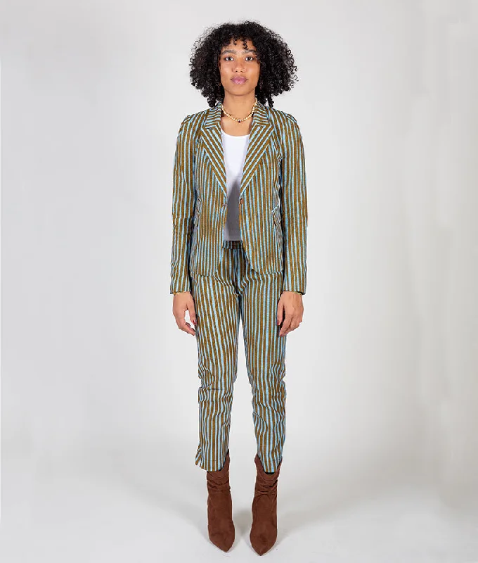 British style jacket-Blaze & Slim Jenny Suit in Blue & Olive Stripes