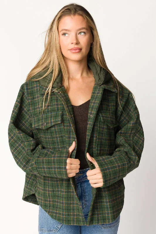 Wool jacket-Jilly Plaid Jacket with Detachable Hood in Evergreen