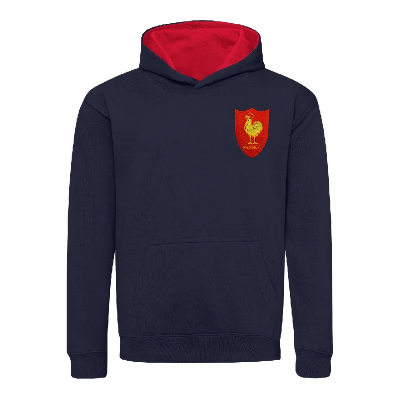 Sporty casual hoodie-Kids France Retro Style Rugby Hoodie With Embroidered Crest - Navy Blue Fire Red