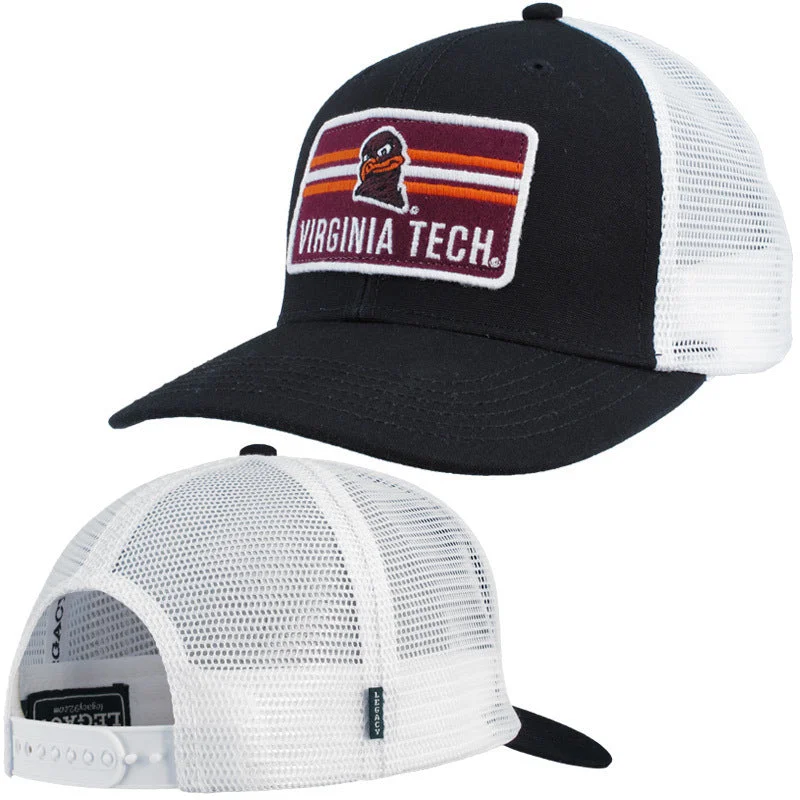 Trendy hat combinations-Virginia Tech Triple Striped Patch Trucker Hat: Black Legacy