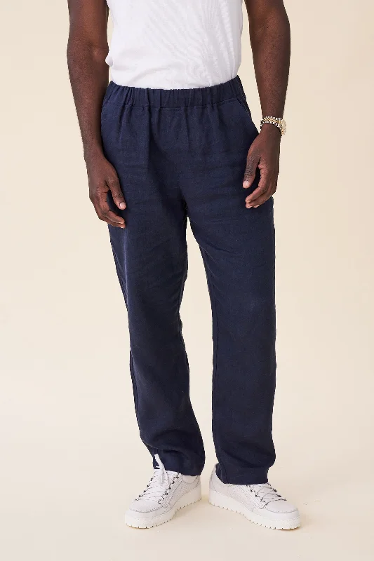 Dark pants-RELAXED WIDE LEG LINEN TROUSERS - NAVY