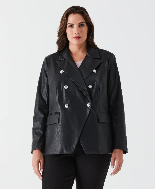 Streetwear jacket-Plus Size Vegan Leather Double Breasted Blazer