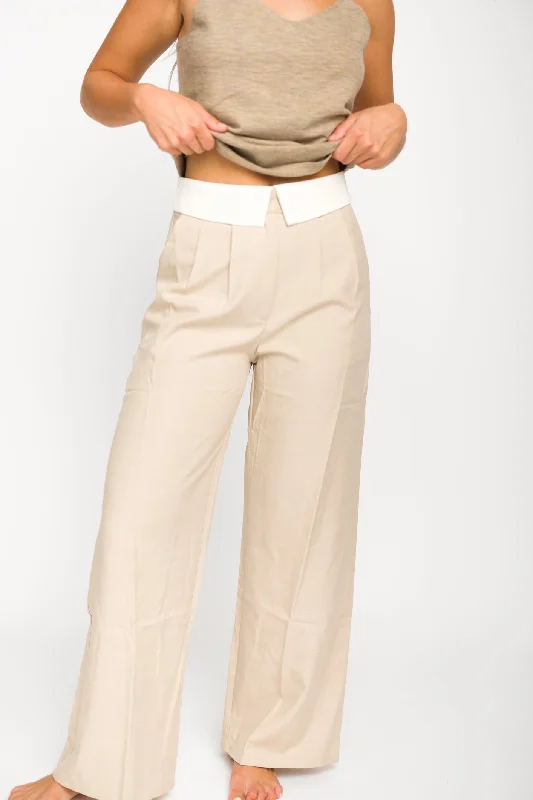 High-stretch slim pants-Penelope Tailored Trousers With Contrast Folded Waist in Taupe/Beige