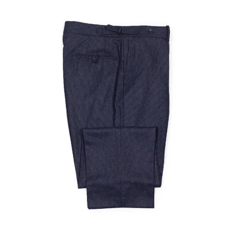 Denim pants-Westside side-tab pleated high-rise wider fit tapered trousers in navy blue nailhead wool worsted flannel