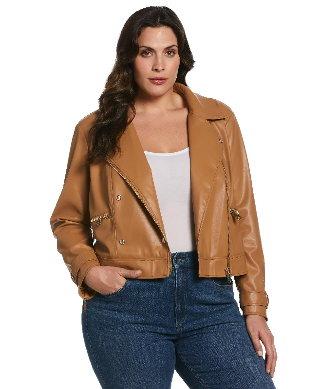 Denim jacket coat-Plus Size Vegan Leather Moto Jacket