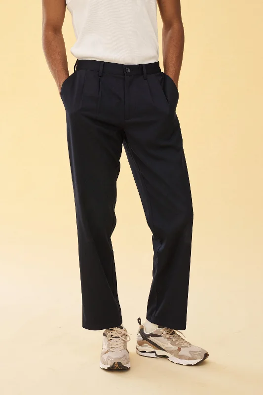 Trendy casual pants-PLEATED SMART TROUSERS - NAVY