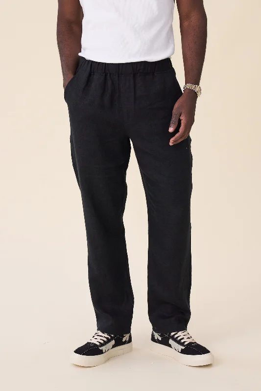 Light denim pants-RELAXED WIDE LEG LINEN TROUSERS - BLACK