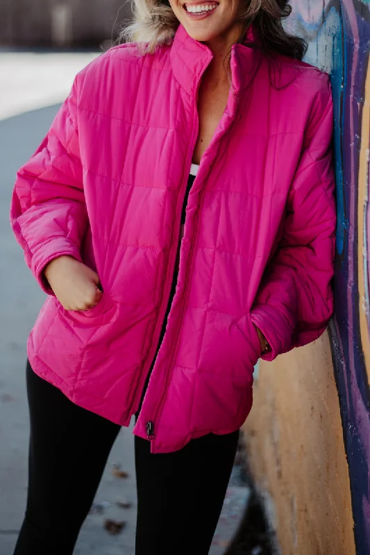 Lightweight jacket-Hot Pink QUILTED SQUARES Zipper Jacket