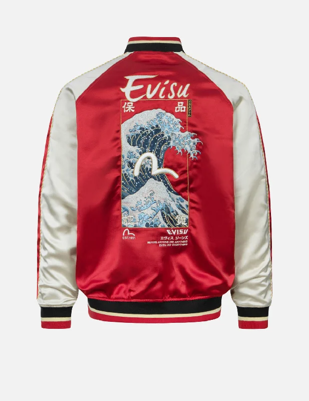 Warm winter jacket-Seagull and The Great Wave Embroidery Reversible Loose Fit Souvenir Jacket