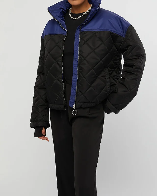 Patent leather jacket-Color Blocked Quilted Puffer Jacket