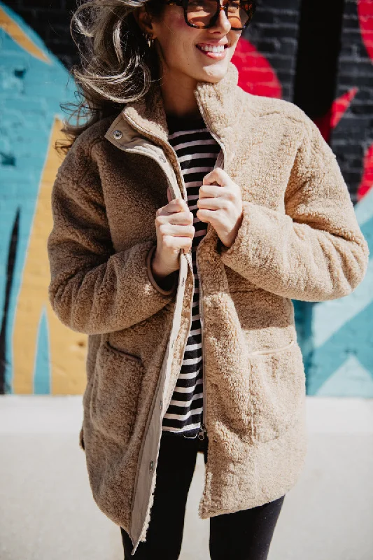 White jacket-Tan Oversized Sherpa Jacket Women