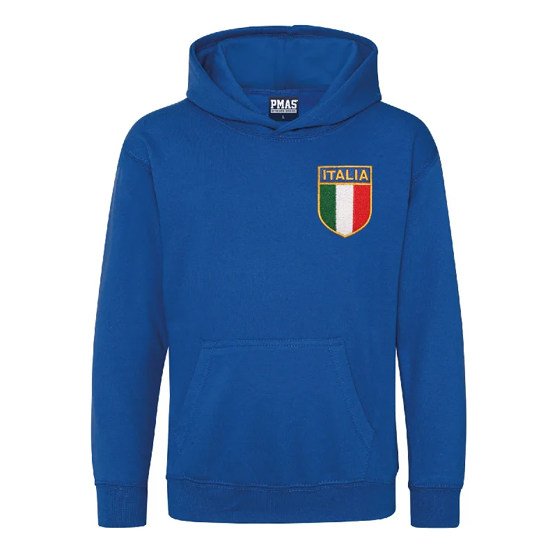 Gym hoodie-Kids Italy Italia Retro Style Rugby Hoodie With Embroidered Crest - Royal Blue