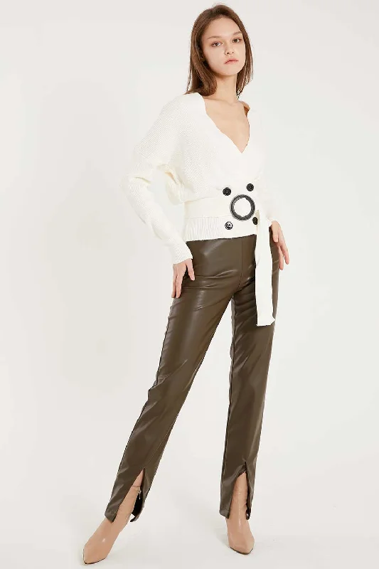 Multi-pocket pants-Noor Front Slit Pleather Pants