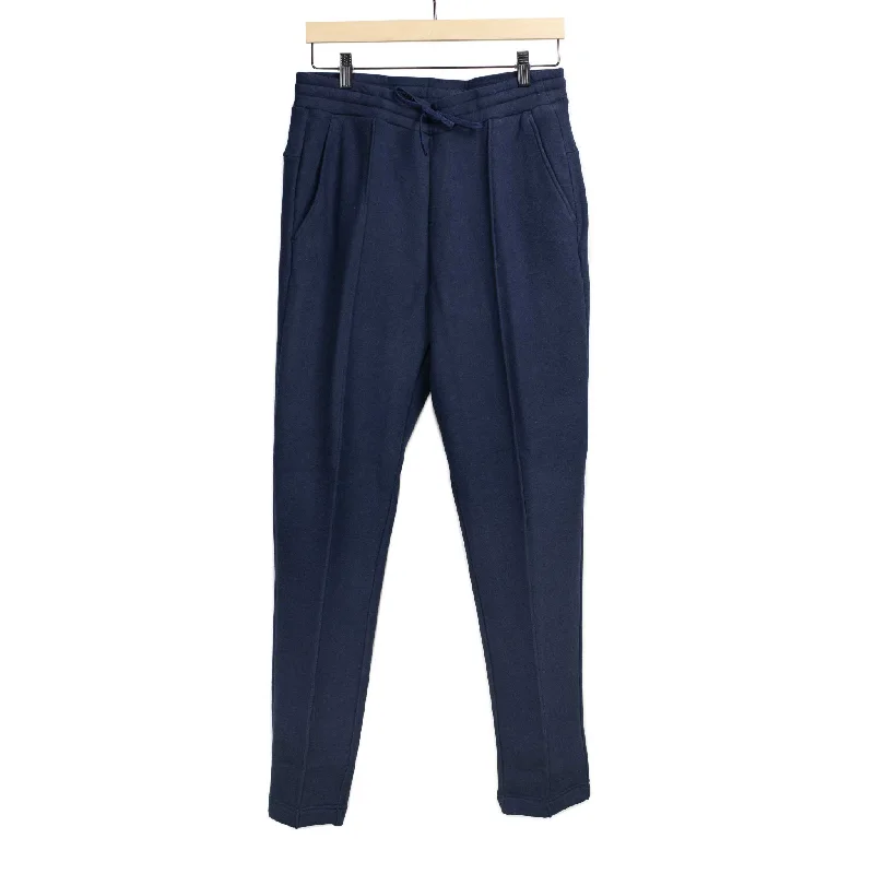 Leather pants-Pintuck sweatpants in navy plush cotton and lyocell