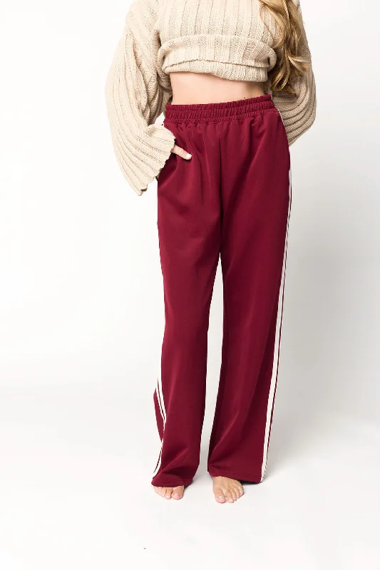 Winter pants-Sue Wide Leg Track Pants in Burgundy