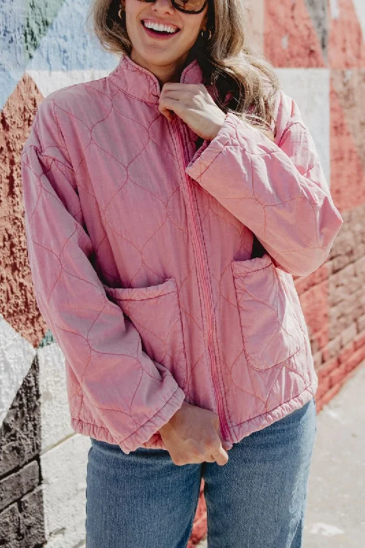 Business jacket-Pink Lightweight Garment Washed Quilted Jacket