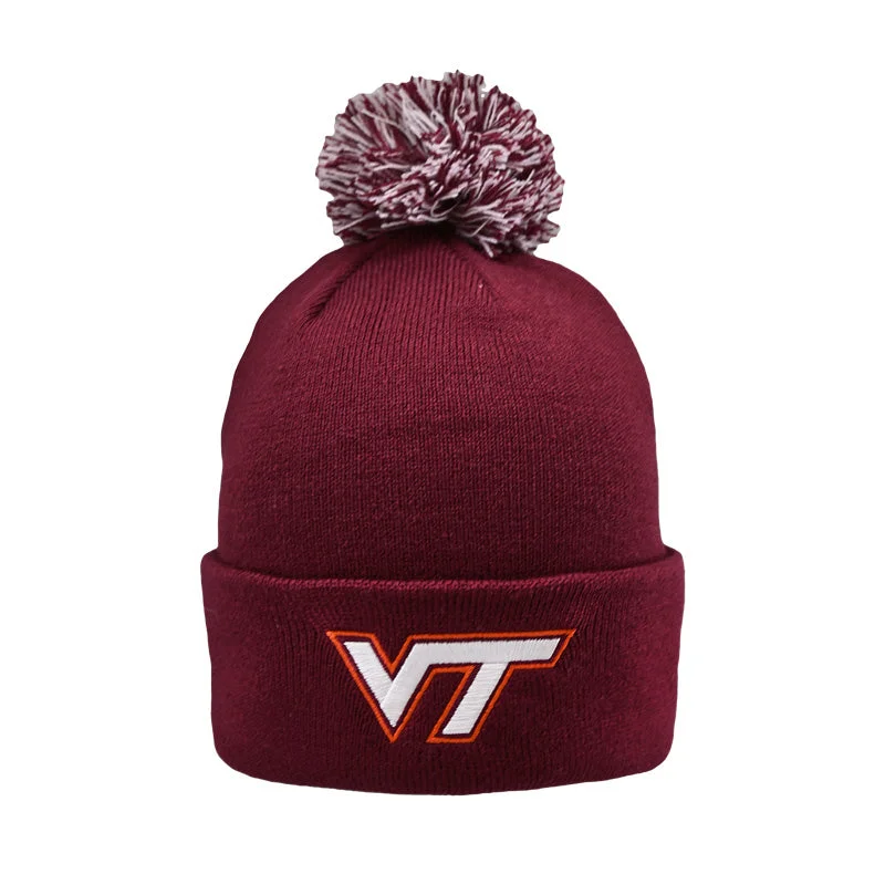 Lightweight sun hats-Virginia Tech Cuff Knit Beanie with Pom: Maroon by Top of the World