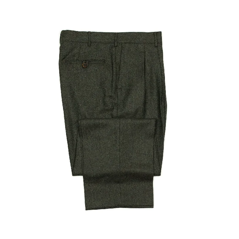 Casual pants-Brooklyn double-pleat high-rise wide fit trousers in dark green tweed-like herringbone wool cashmere (restock)