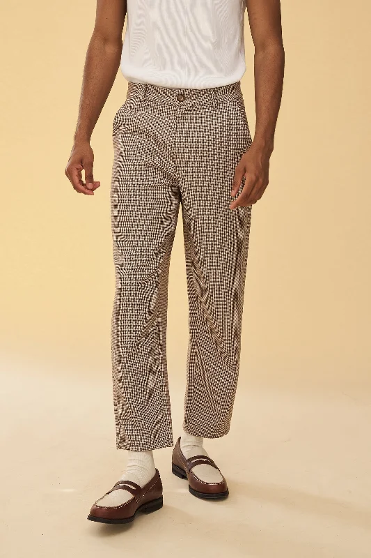 Cotton fabric pants-DOGTOOTH WOVEN CROPPED TROUSERS - LATTE