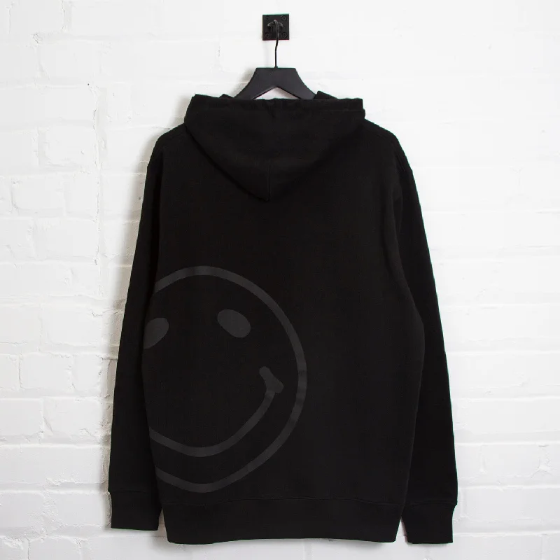 Classic style hoodie-Black On Black Side Smiley Back  - Pullover Hood - Black