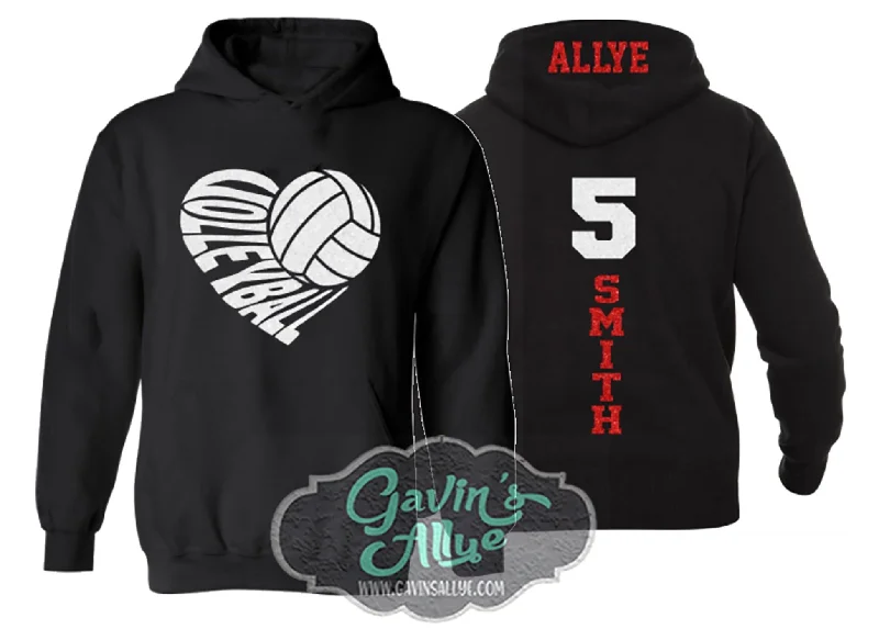 Student hoodie-Glitter Volleyball Heart Hoodie | Volleyball Hoodie | Customize with your Team & Colors