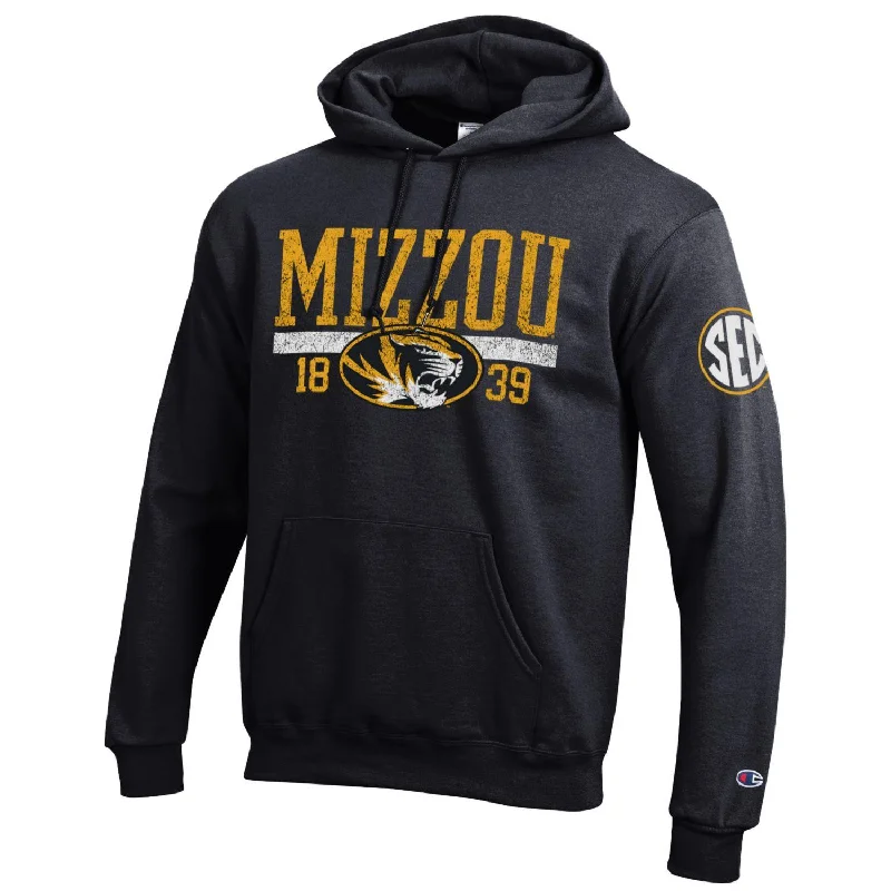 Sporty casual hoodie-Mizzou Oval Tiger Head All Schools SEC Black Hoodie