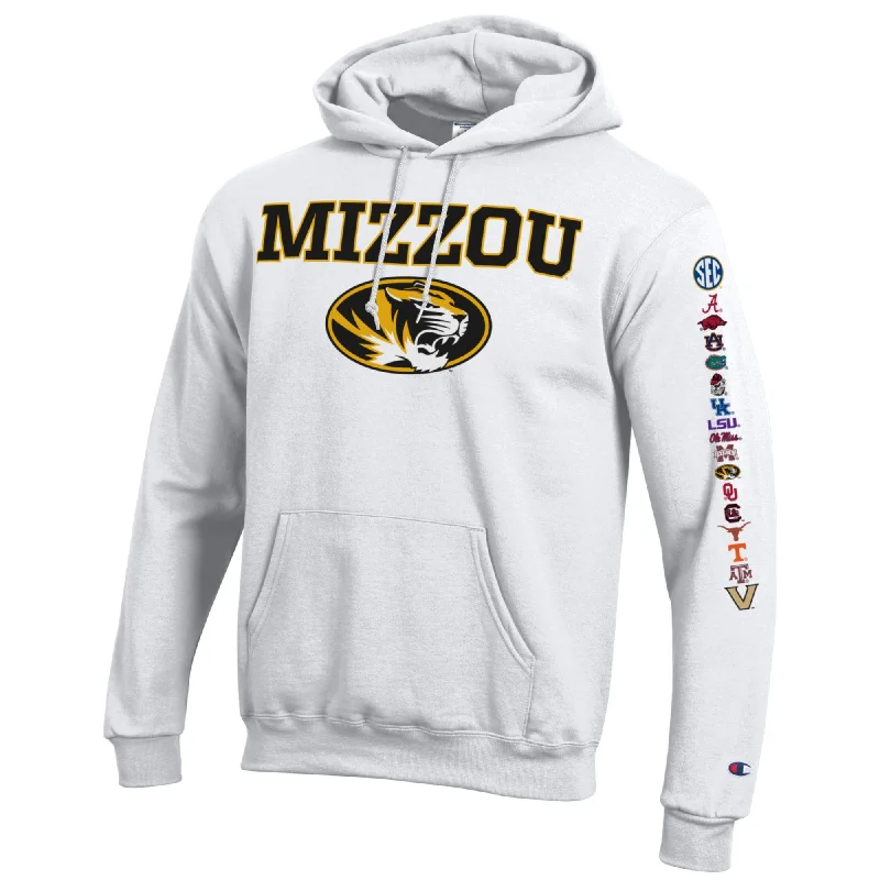 Detailed design hoodie-Mizzou Tigers Champion® SEC All Teams Sleeve Mizzou Oval Tiger Head White Hoodie